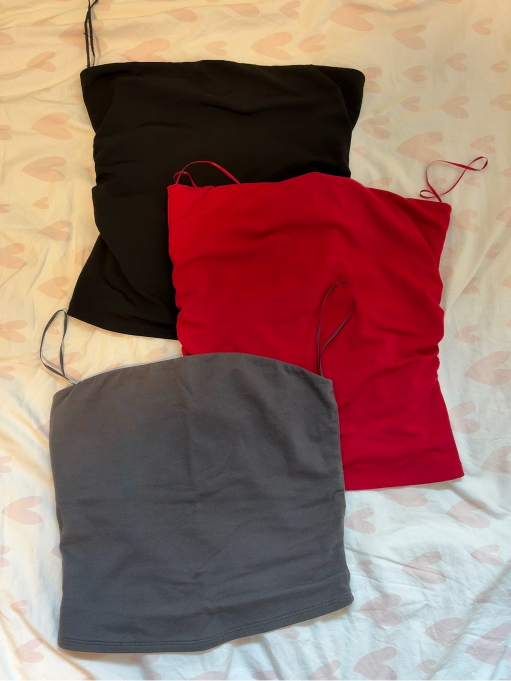 GARAGE red and black ruched sleek tube tops & grey cropped tube top